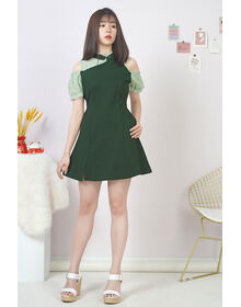 Fine Irregular Chiffon Neckline Cold Shoulder Cheongsam Dress (Dark Green)